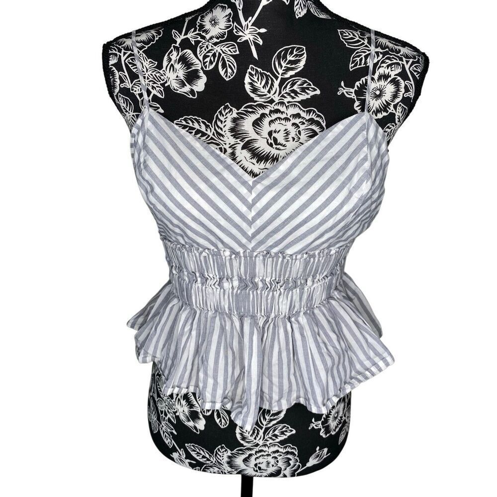 Express Striped Cotton Smocked Peplum Tank Top Gray White Women’s Medium Preppy